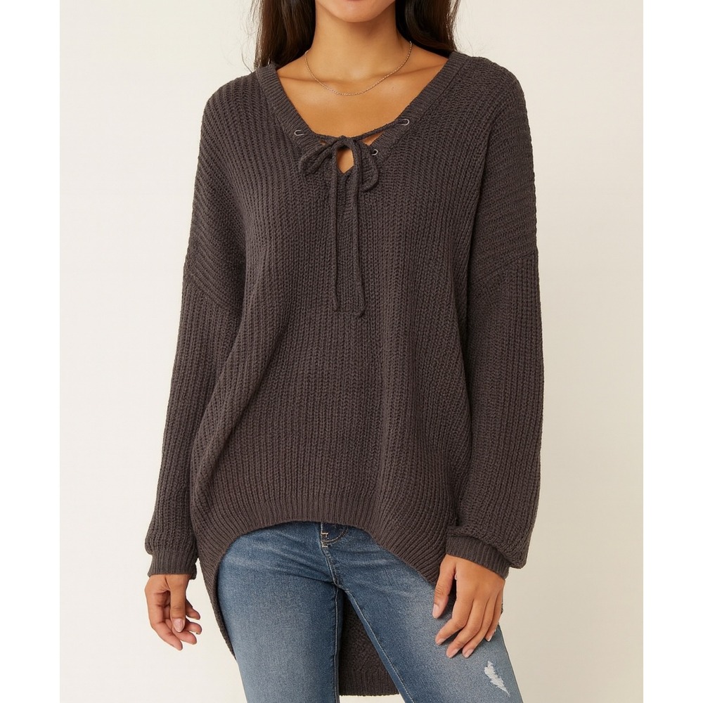 Altard State Womens sz S Plum Chunky Knitted Lace Up Neck Pullover Tunic Sweater